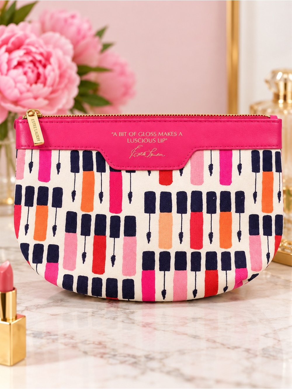 Estée Lauder Pink Lipstick Mascara Print Makeup Bag Cosmetic Pouch